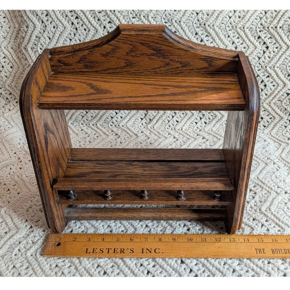 Vintage Oak Wood Wall Shelf with Spindle Rail and Towel Bar Farmhouse 13x12x6.5